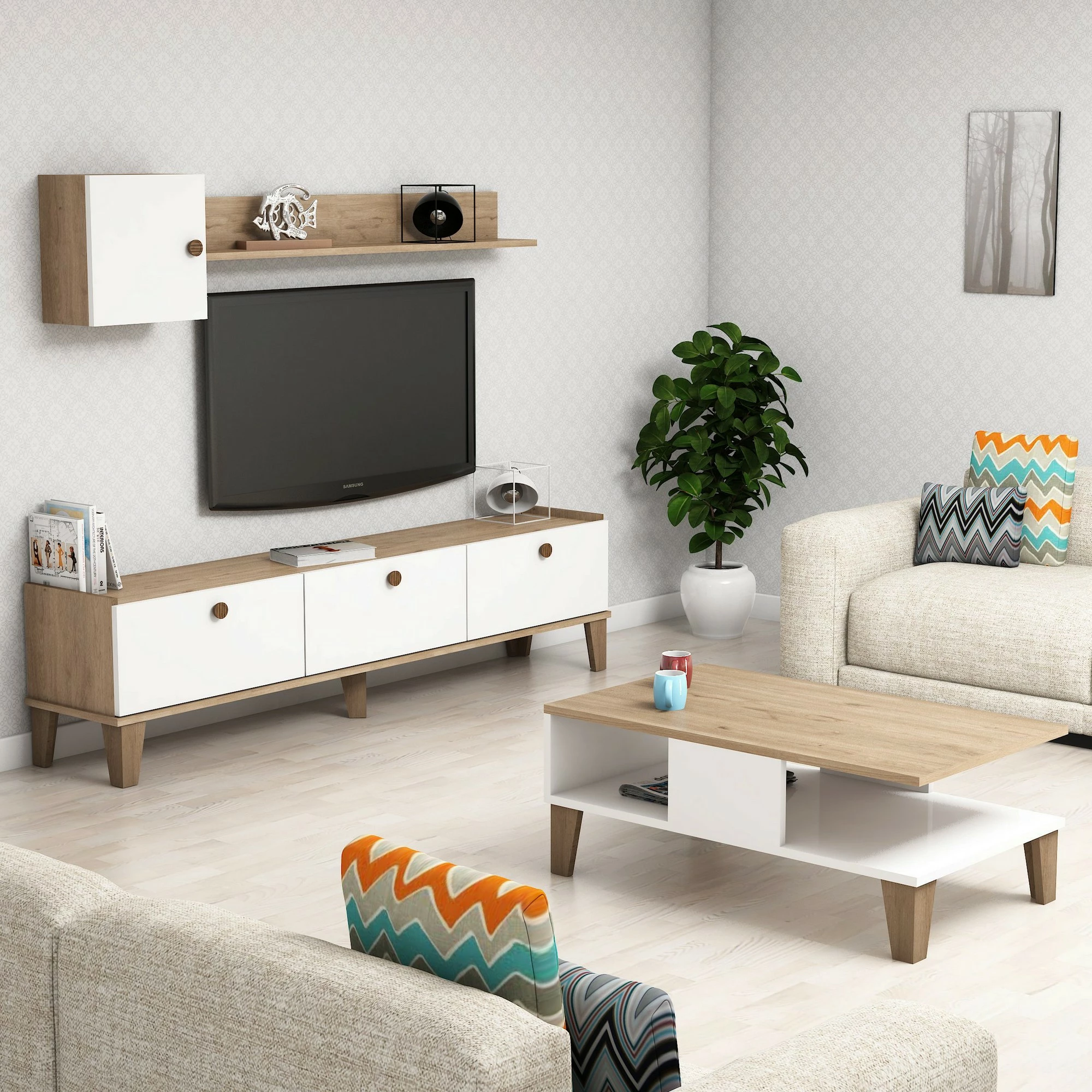 Set mobiljesh për dhomë dite, ngjyrë lis dhe e bardhë, Sumer 1, Hanah Home
