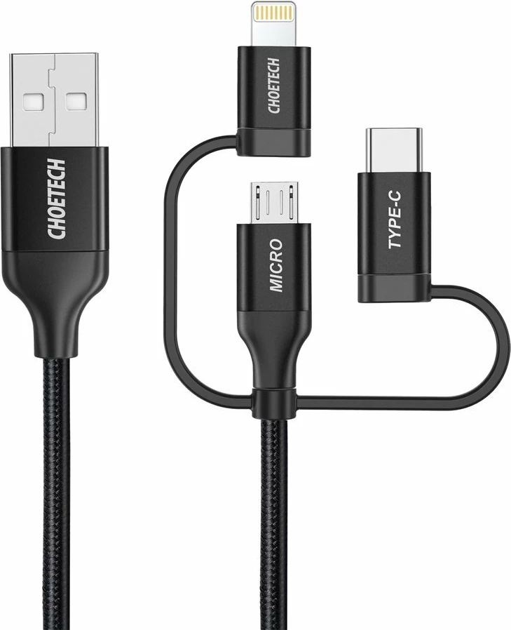 Kabllo 3-në-1 Choetech IP0030-BK, USB në USB Type C / micro USB / Lightning, 1.2m, e zezë