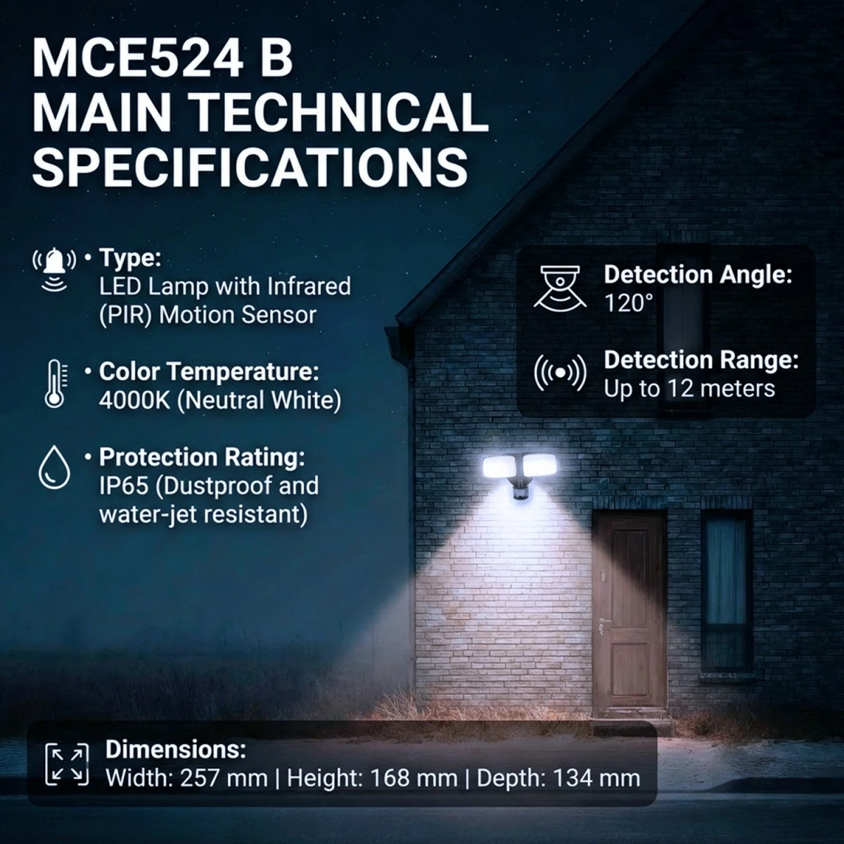 Llampë muri LED Maclean MCE524B 20W 1500lm IP65 4000K me sensor PIR, e zezë