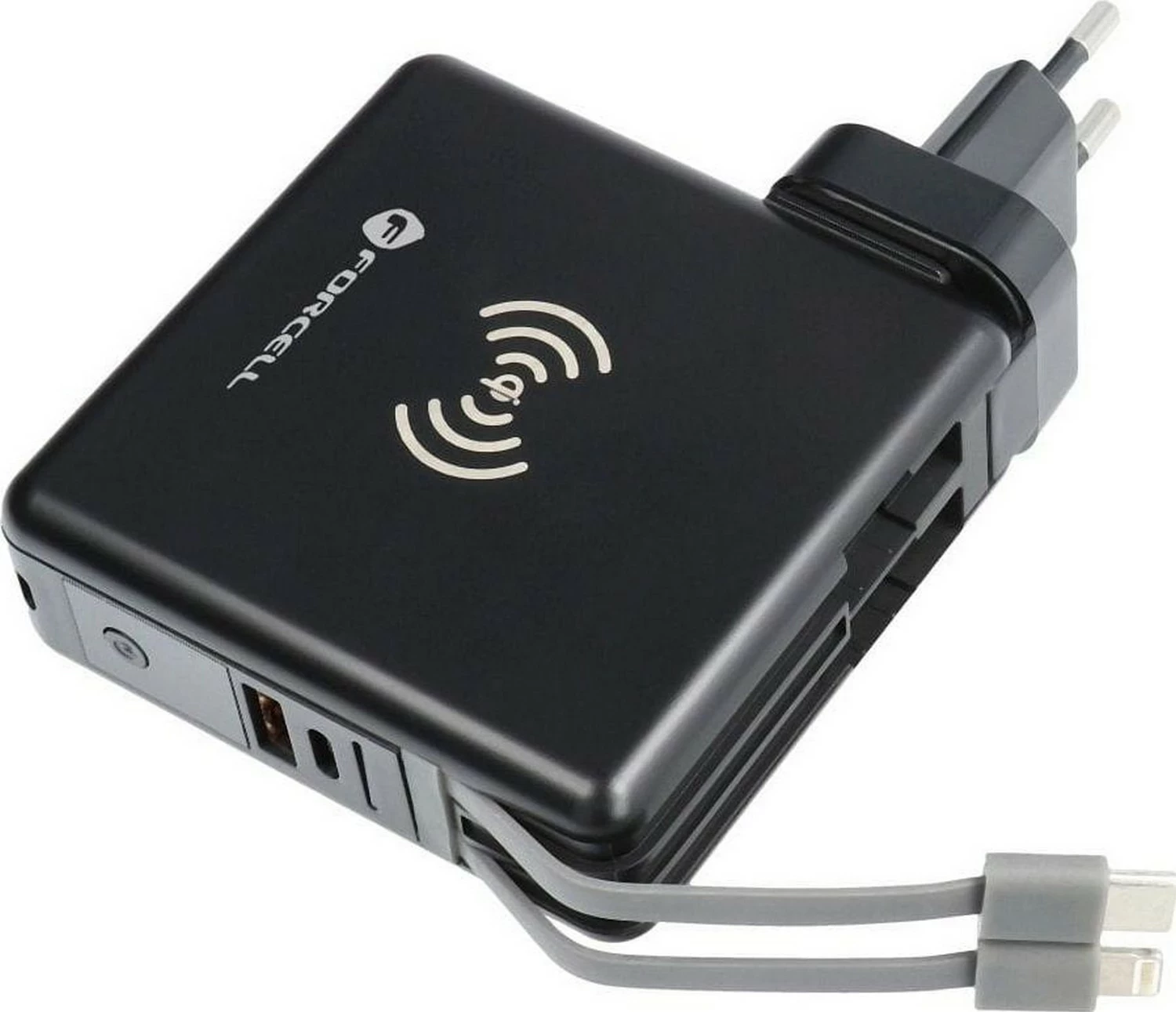 Karikues multifunksional Forcell F-ENERGY 5në1, 10000mAh, 20W PD, wireless 15W, me kabllo Type-C/Lightning, e zezë