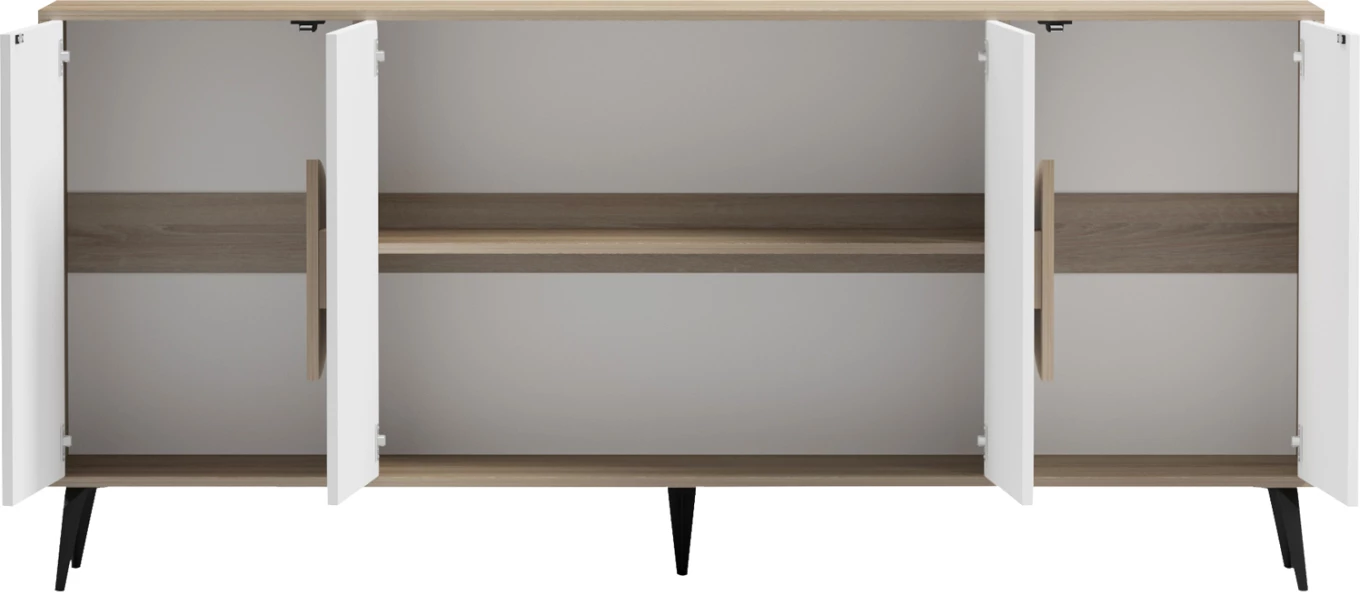 Komodë SAVORE, sonama/e bardhë, këmbë metalike të zeza, 180x35.5x82cm