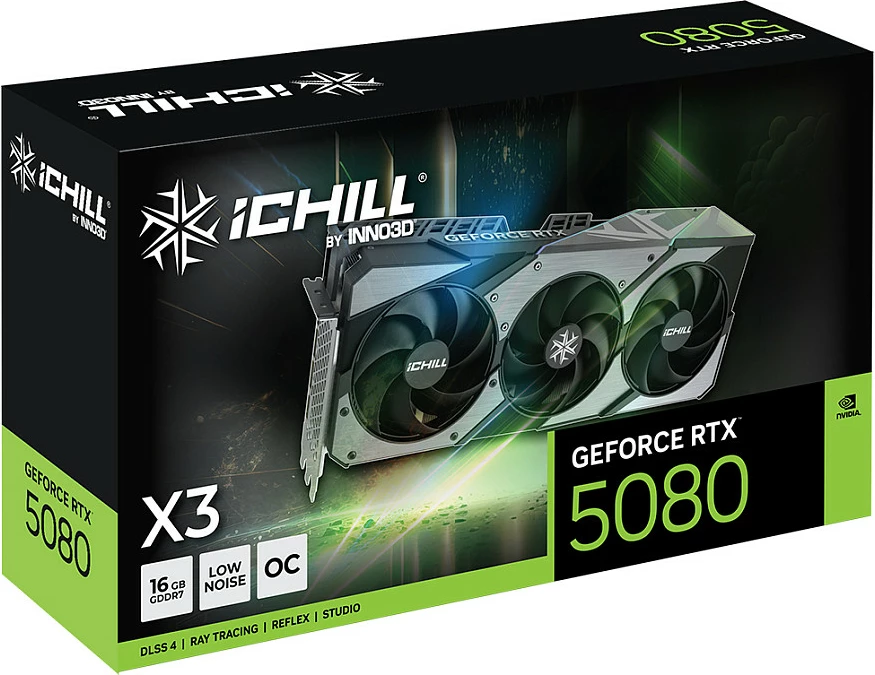 Kartelë grafike Inno3D GeForce RTX 5080 iChill X3 V2, 16GB GDDR7, PCIe 5.0, 3 Fan, RGB, e zezë/gri