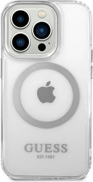 Mbështjellës Guess Metal Outline Magsafe për iPhone 14 Pro Max 6.7", argjendtë/transparente