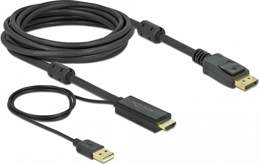 Kabllo DeLOCK HDMI në DisplayPort, 4K 30Hz, 5 m, me USB, e zezë