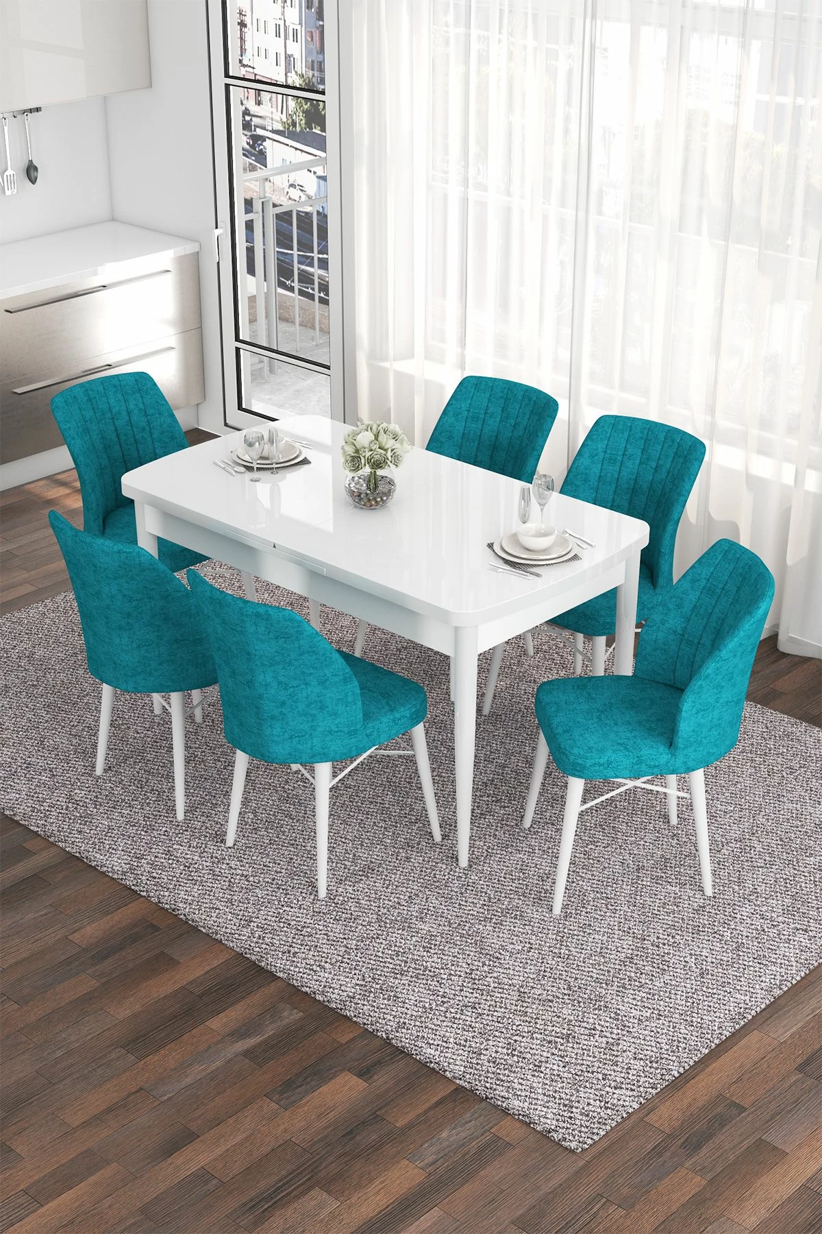 Tavolinë me karrige për ngrënie, e zgjatshme, e bardhë, tyrkiz, 7 copë, Skye Decor, Eva