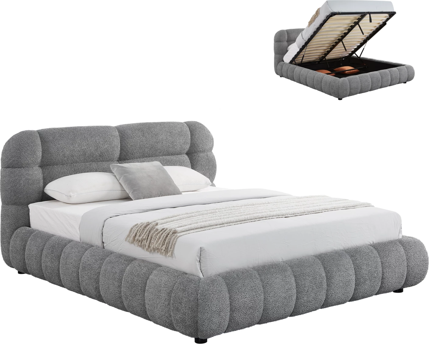 Krevat dopio me hapësirë për depo, stof boucle gri, FH730.01, dyshek 160x200cm