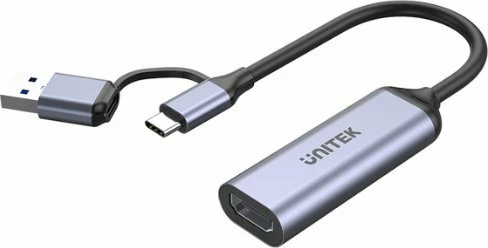 Adapter video capture Unitek V1167A USB-C në HDMI + USB-A, 4K@30Hz, argjendtë, me adapter USB-A në USB-C