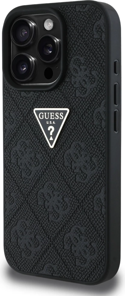 Mbështjellës Guess Hot Stamp 4G Pattern Triangle Metal Logo për iPhone 16 Pro Max, i zi
