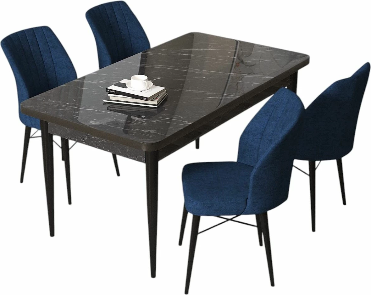 Tavolinë me karrige, 5 pjesë, Skye Decor, mermer i zi, karrige blu të errët