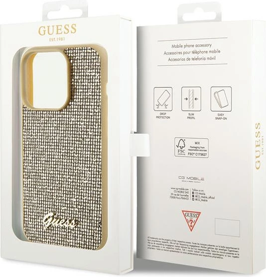 Mbështjellës Guess Disco Metal Script për iPhone 15 Pro, ari