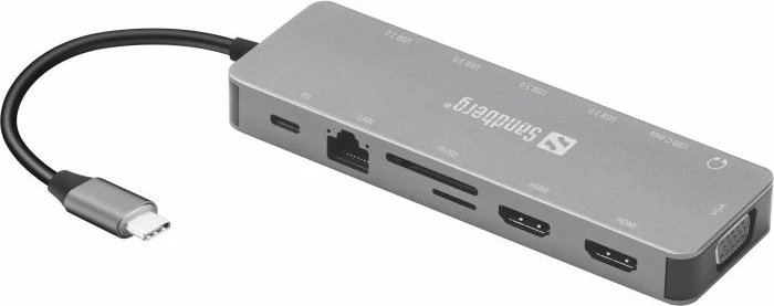 stacion dokimi USB-C SANDBERG 136-45 13-në-1, PD 100W, 2x HDMI 4K, VGA, Gigabit Ethernet, SD/microSD, audio 3.5mm, 4x USB, set 2 pjesë, gri