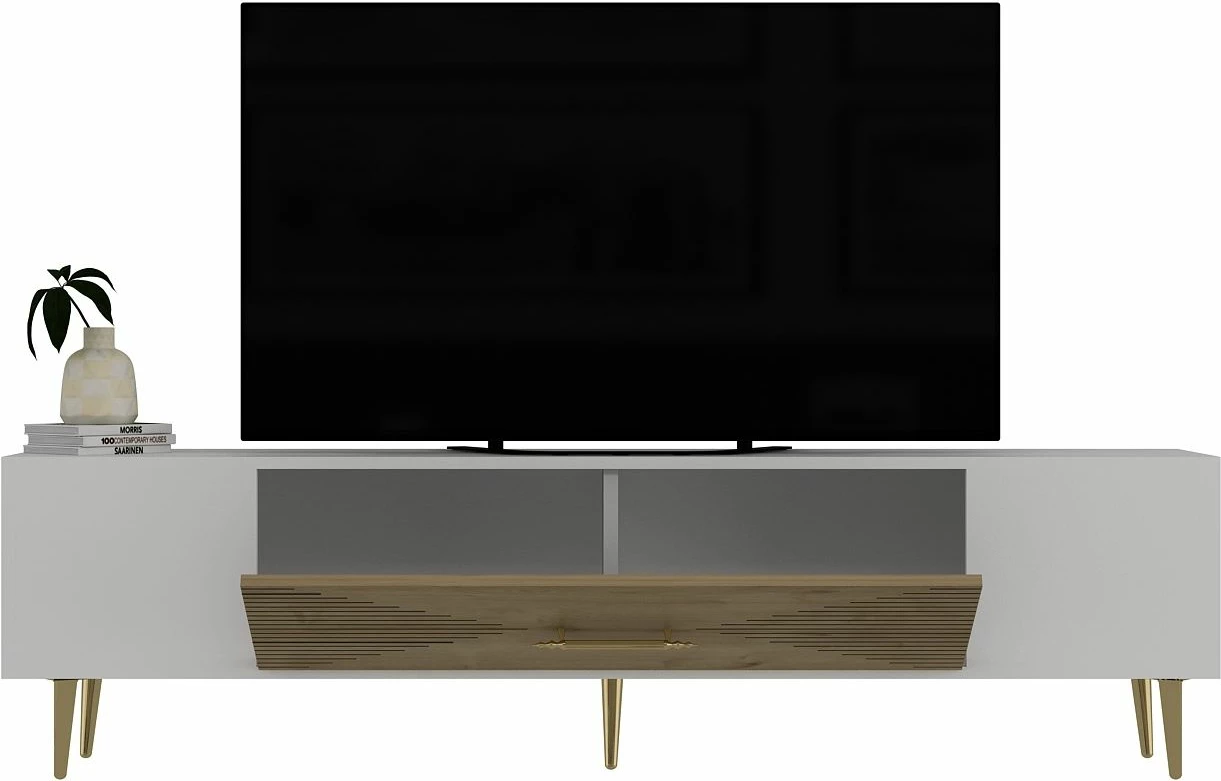 Komodë TV Skye Decor, e bardhë, lisi Sapphire, ari, Dekol1