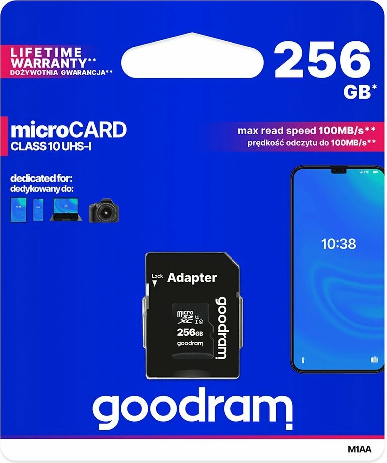 Kartë memorie microSDXC, Goodram, M1AA-2560R12, 256 GB, UHS-I U1 Class 10, lexim deri 100 MB/s, me adapter SD, e zezë