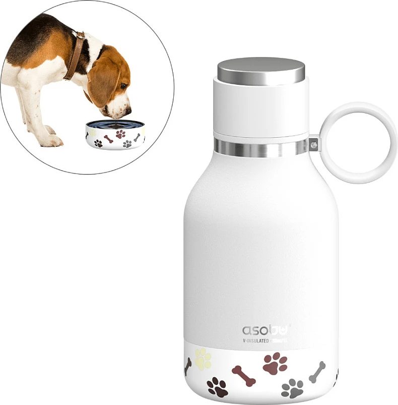 Shishe uji për qen Asobu, 1000 ml, inox e izolume, tas i palosshëm 14.6 cm, e bardhë