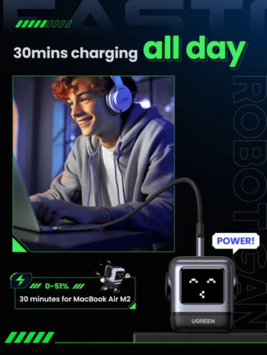 Karikues UGREEN Nexode Robot GaN 65W MPN 25685B, 2x USB-C + 1x USB-A, me LED ekran, gri