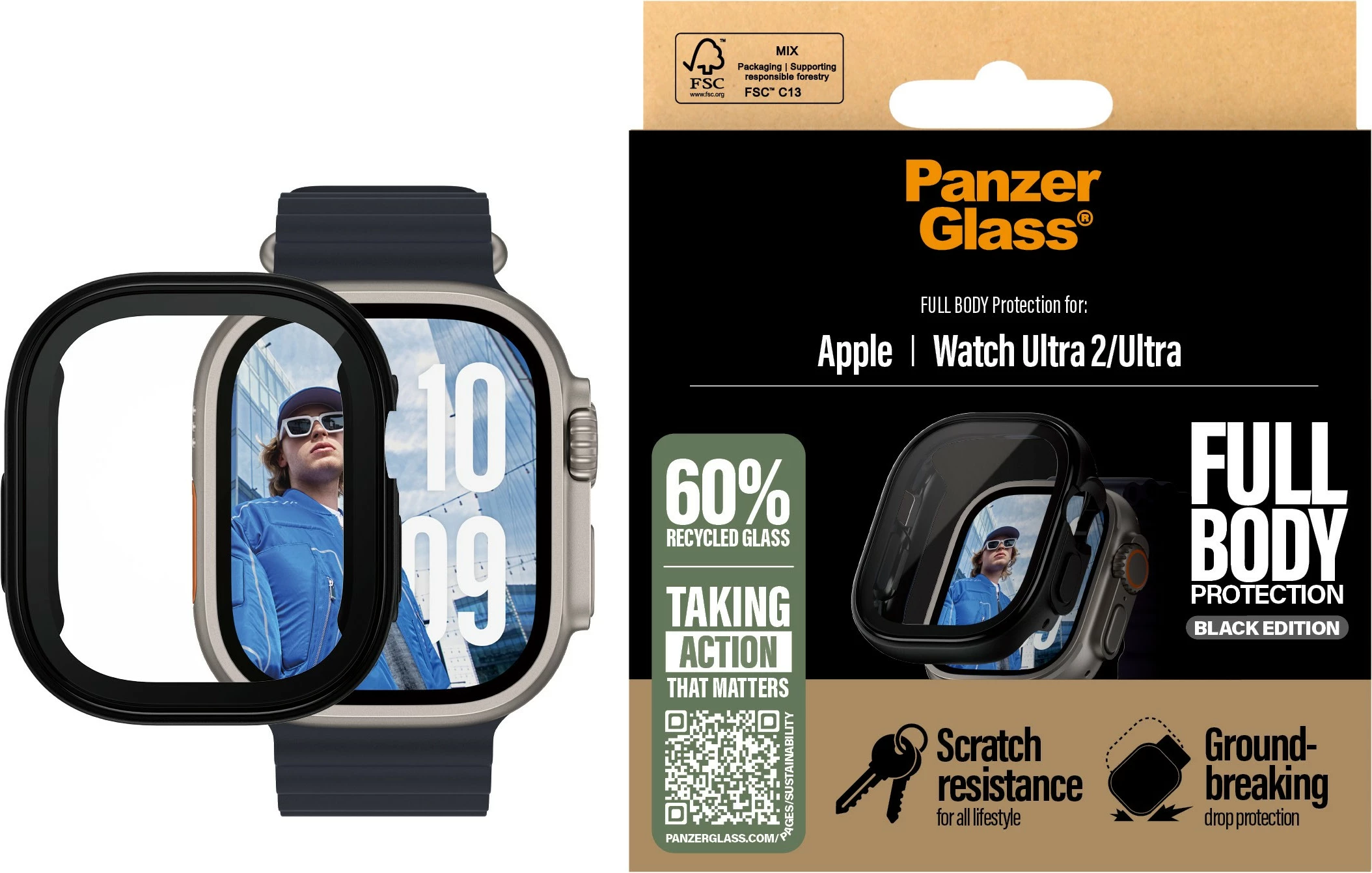 Mbrojtës ekrani PanzerGlass për Apple Watch Ultra 2, full body, transparent, kornizë e zezë