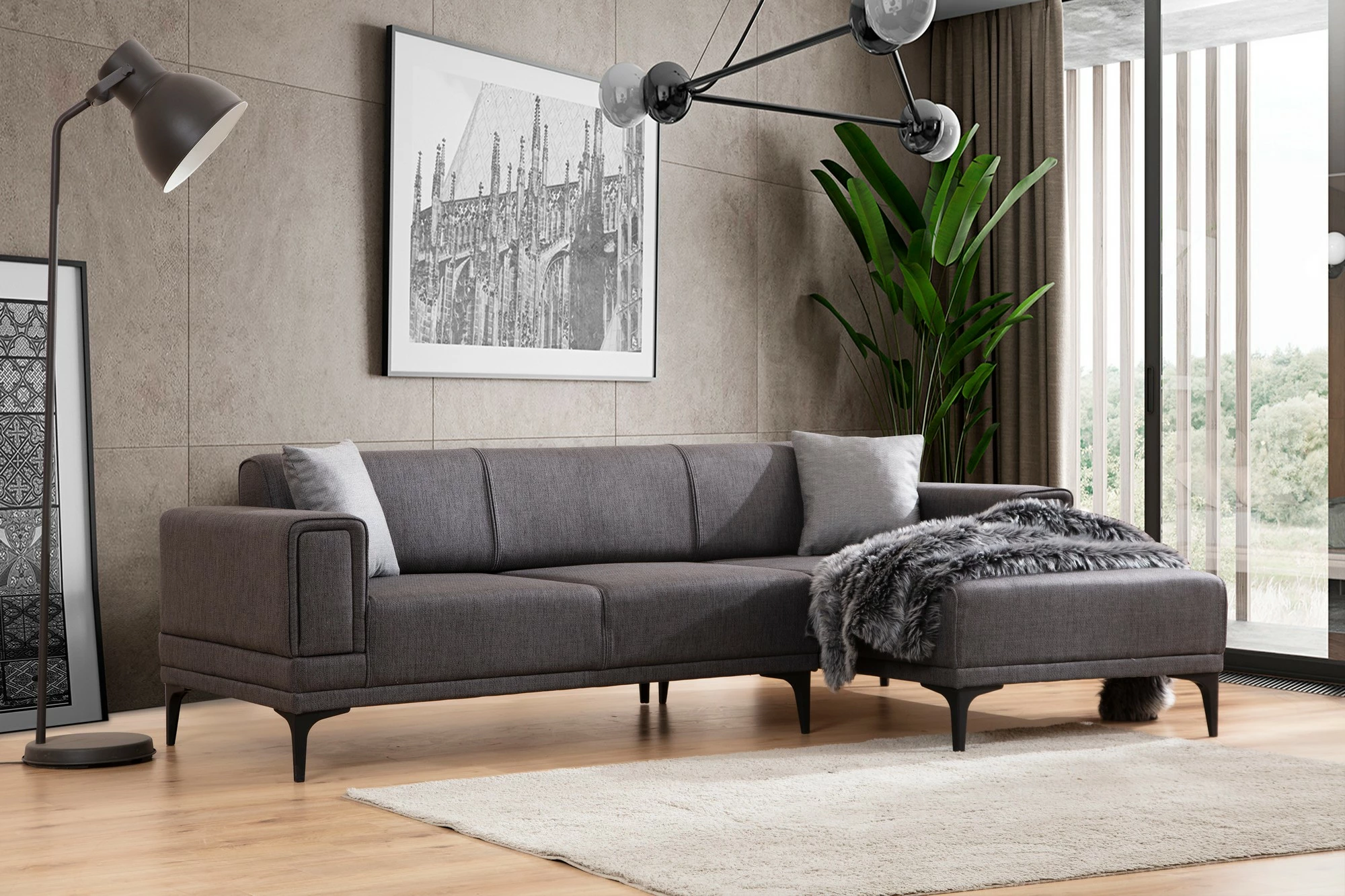 Kënd divan-krevat Atelier del Sofa, Horizon, kënd i djathtë, ngjyrë gri e errët
