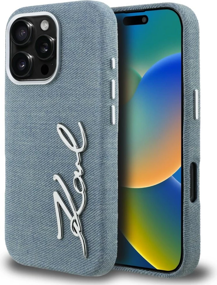 Mbështjellës Karl Lagerfeld Signature Jeans për iPhone 16 Pro, MagSafe, denim/eko-lëkurë, blu, me kuti