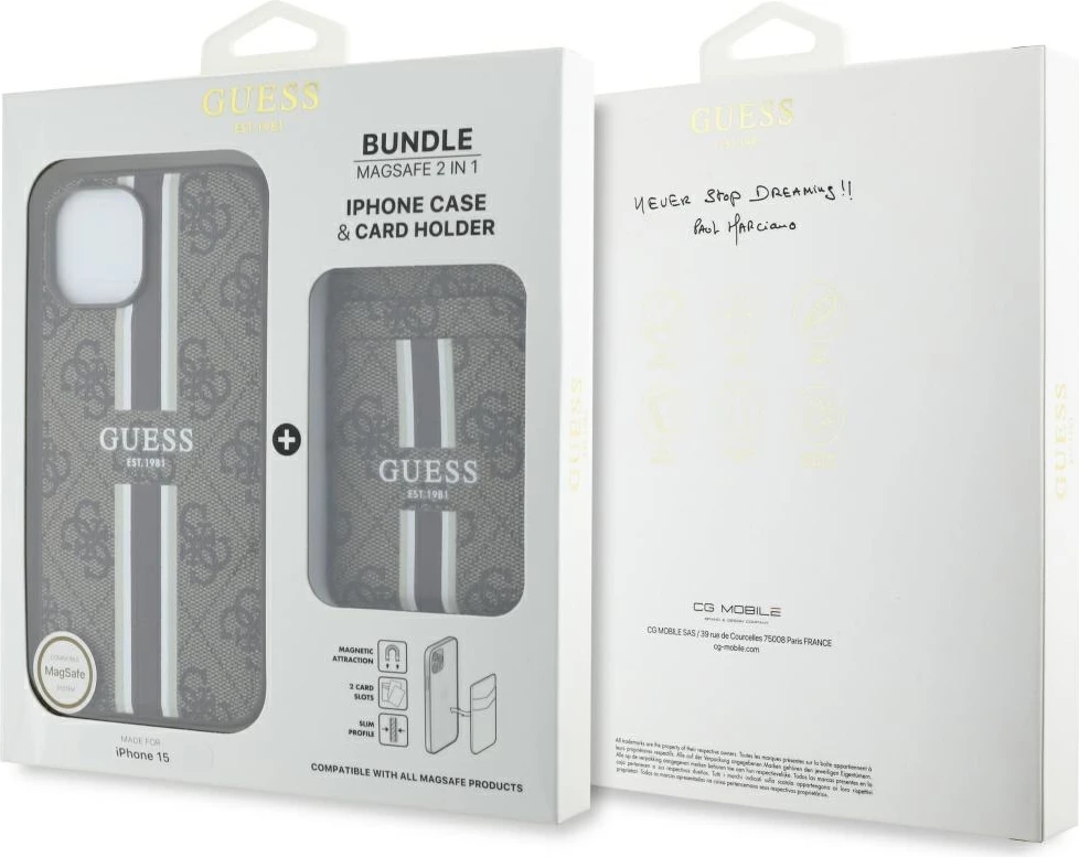 Mbështjellës Guess 4G Stripes me portofol MagSafe për iPhone 15, Kafe