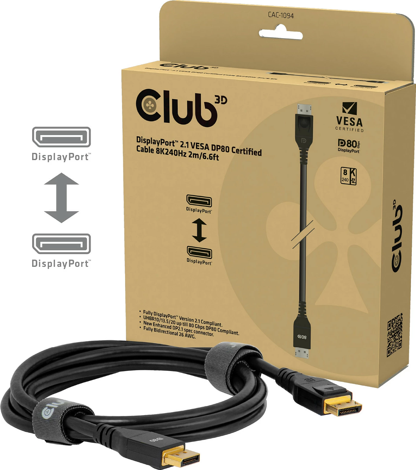 Kabllo DisplayPort Club 3D CAC-1094, DP 2.1 DP80, 2m, 8K 240Hz, e zezë