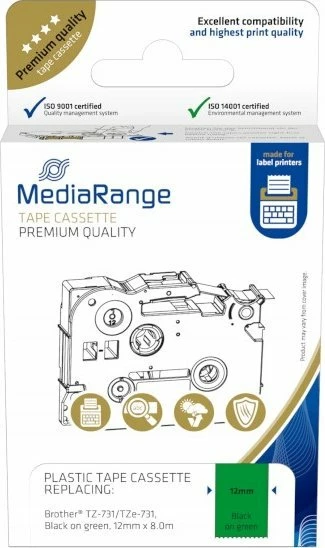 Kasetë shirit etikete MediaRange TZ-731/TZe-731, 12mm x 8m, e laminume, jeshile me printim zi, 1 copë