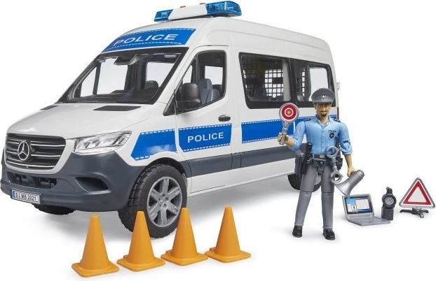 Set policie BRUDER Mercedes-Benz Sprinter BR-02683, shkallë 1:16, me drita/tinguj, me figurë dhe aksesorë, bardhë/blu/zezë