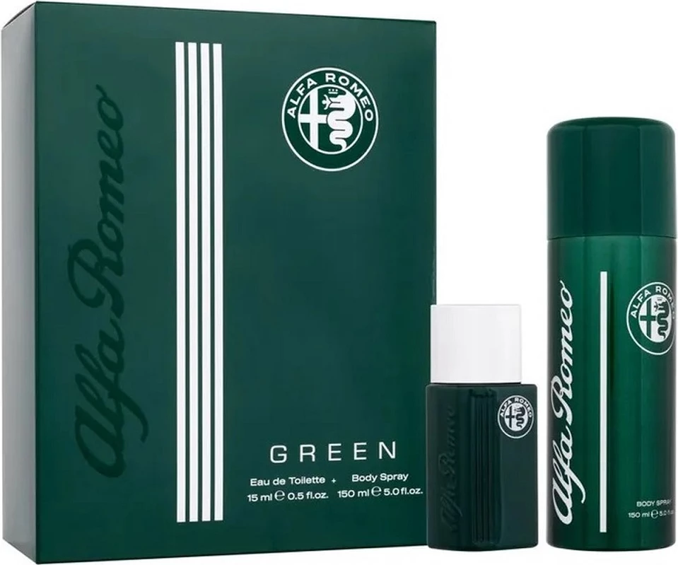 Set Eau de Toilette dhe Body Spray për meshkuj Alfa Romeo Green 15ml + 150ml