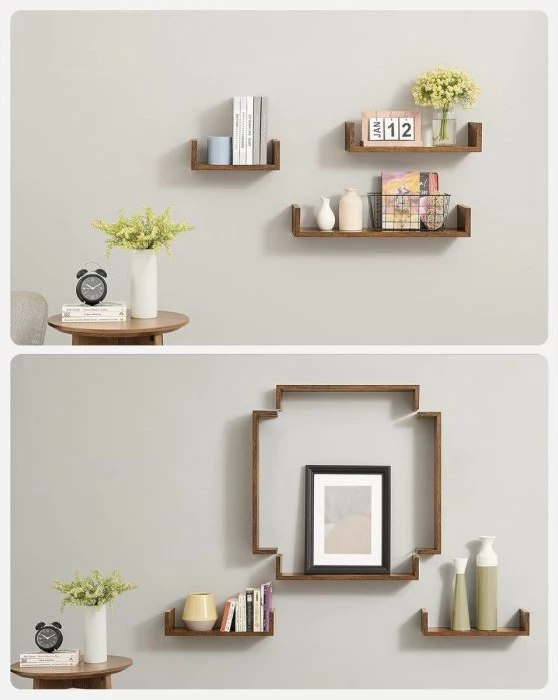 Set rafte muri fluturuese VASAGLE SONGMICS LWS066T01, U-shape, 15×30/45/60×10 cm, 3 copë, vintage brown