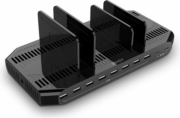 Stacion karikimi USB LINDY 10-Port, 120W, 2x USB-C 3A + 8x USB-A 2.4A, i zi