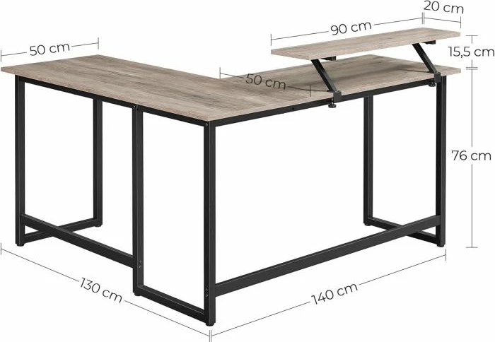 Tavolinë kompjuteri L-formë VASAGLE LWD056B02 149x149x75 cm me raft monitori, greige/zezë