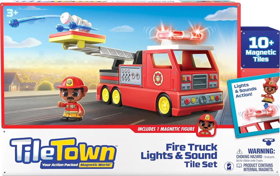 Tile Town Fire Truck Set Magnetik 46 Pjesë me Figura Zjarrfikësish – Lodër STEM për Fëmijë