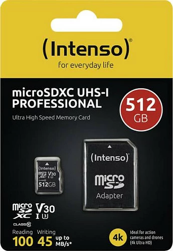 Kartelë memorie microSDXC Intenso 512GB UHS-I U3 V30, 100MB/s, me adapter SD, e zezë
