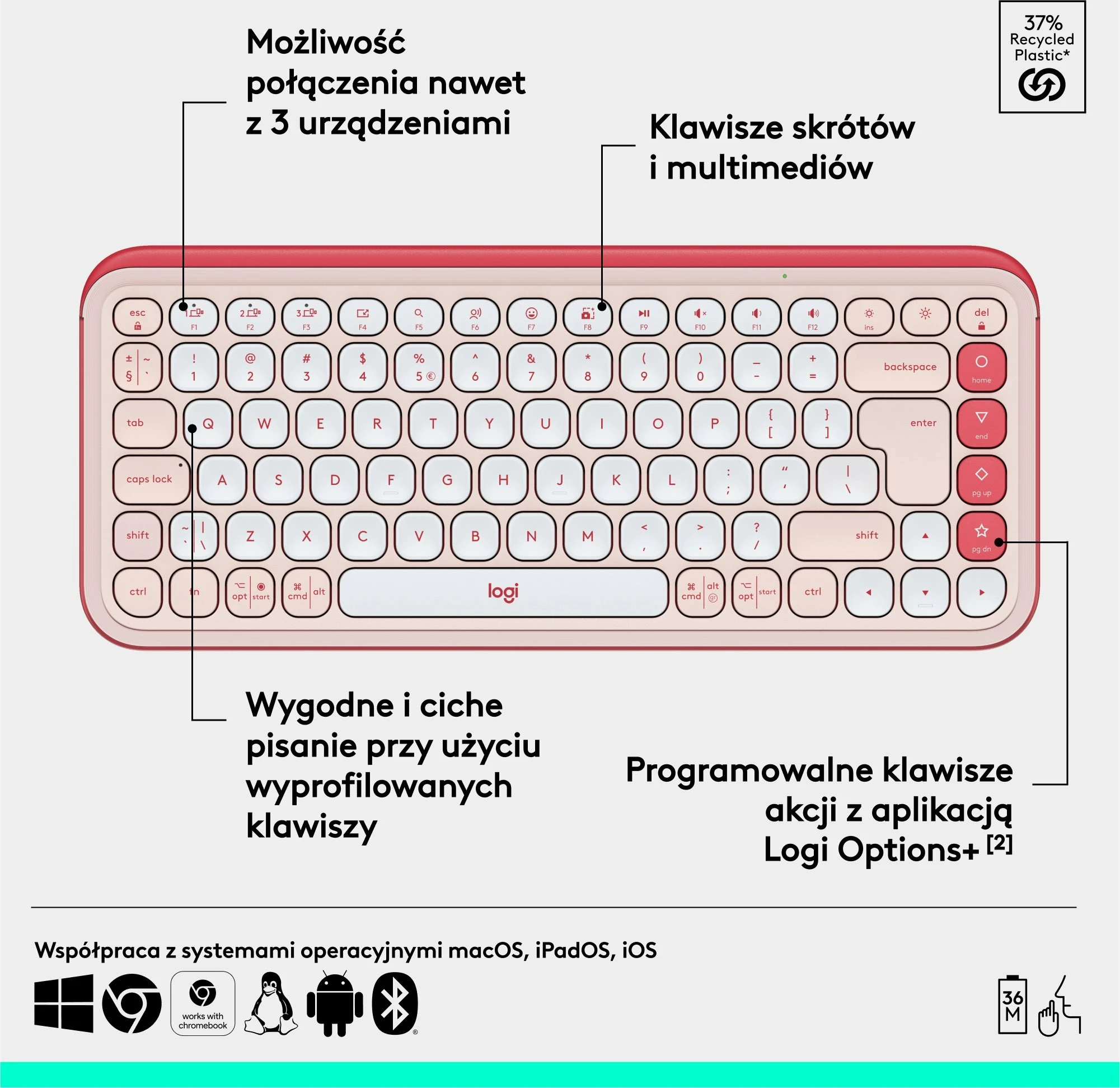 Tastierë pa kabllo Bluetooth Logitech POP Icon Keys 920-013073, US INTL, pa numpad, rozë