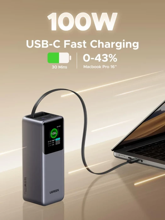Powerbank UGREEN 55987B 20000mAh 165W me ekran TFT dhe kabllo USB-C të integrume, gri