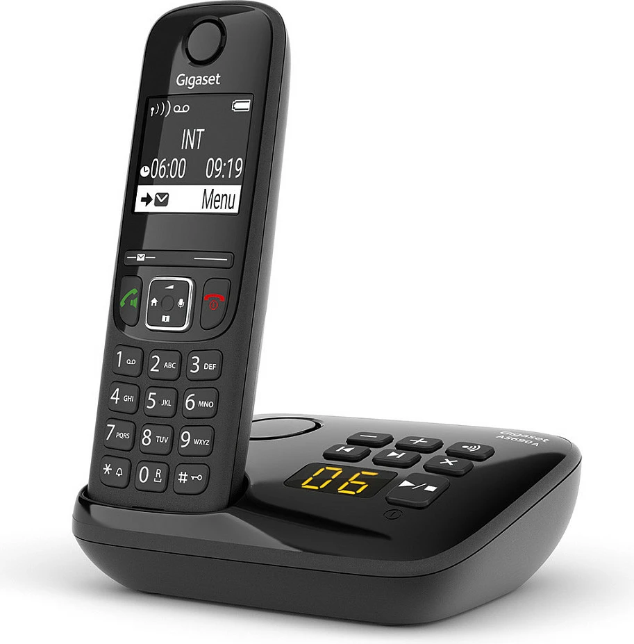 Telefon DECT pa kabllo Gigaset AS690A, sekretare digjitale 20 min, speakerphone, libër telefoni 100 kontakte, i zi