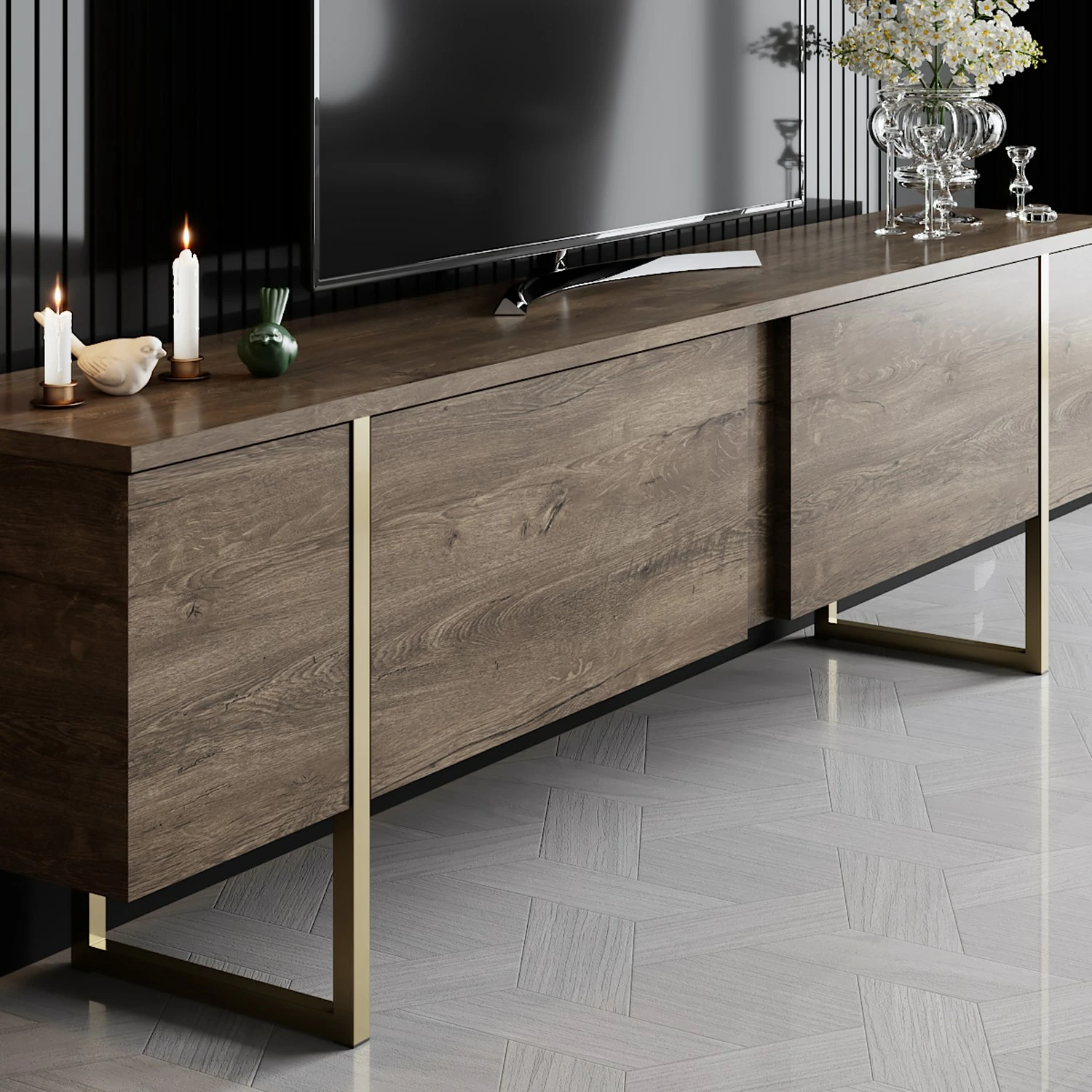 Komodë TV Hanah Home, Luxe, ngjyrë arre dhe ari