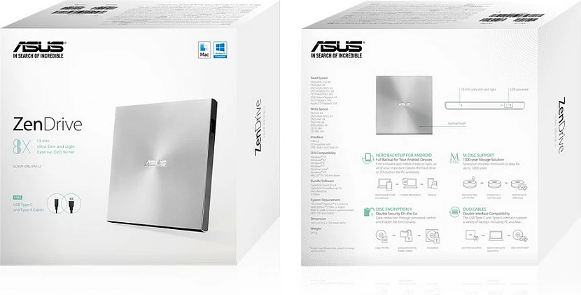 DVD shkrues i jashtëm ASUS ZenDrive U9M, DVD±RW, USB Type-C/Type-A, Silver