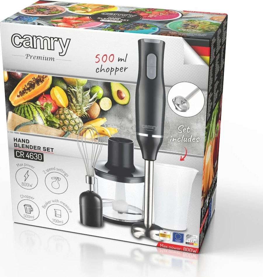 Blender dore Camry CR 4630, 800W, 2 shpejtësi, set me enë matëse 700 ml + grirës 500 ml + rrahëse, i zi