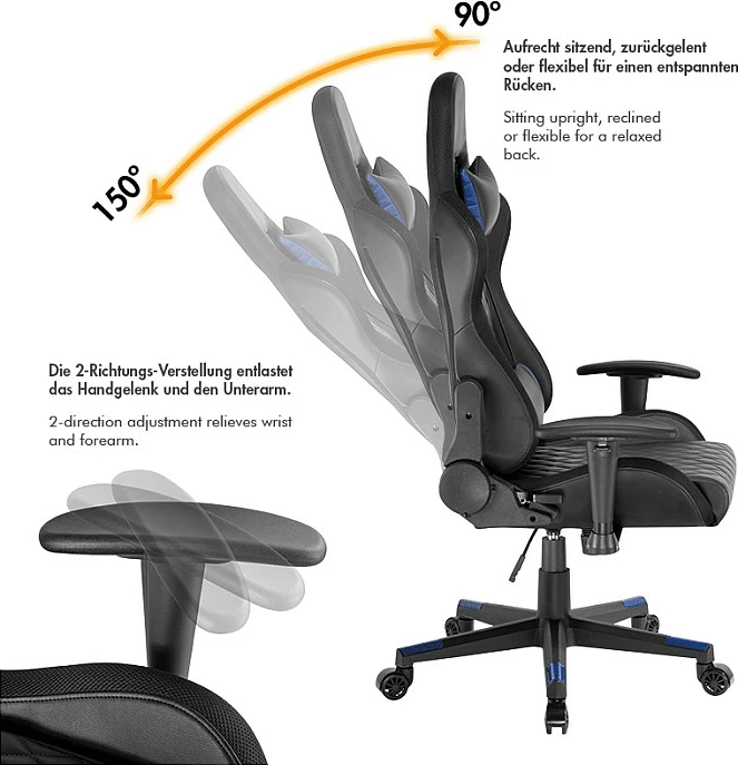 Karrige gaming LogiLink, mbështetje mesit, drita RGB, zi/kaltër