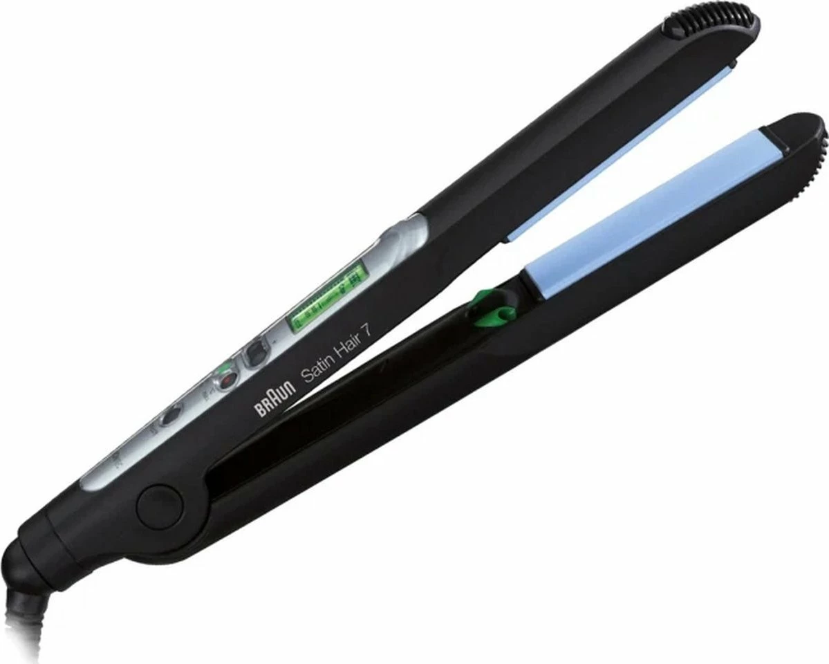 Pjastër flokësh Braun Satin Hair 7 ST710E, me jonizim IONTEC, pllaka qeramike NanoGlide, 130–200°C, e zezë