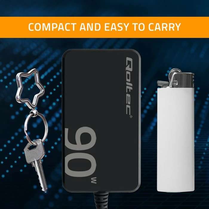 Karikues muri Qoltec 52422, 90W GaN, USB-C 3.1, me kabllo, i zi