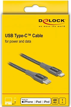 Kabllo DeLOCK USB-C në Lightning, 1 m, MFi, USB PD, 3A, gri