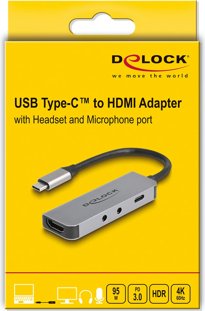 Adapter USB-C DeLOCK 61064, HDMI 4K 60Hz, 2x 3.5mm audio, USB-C PD 95W, gri