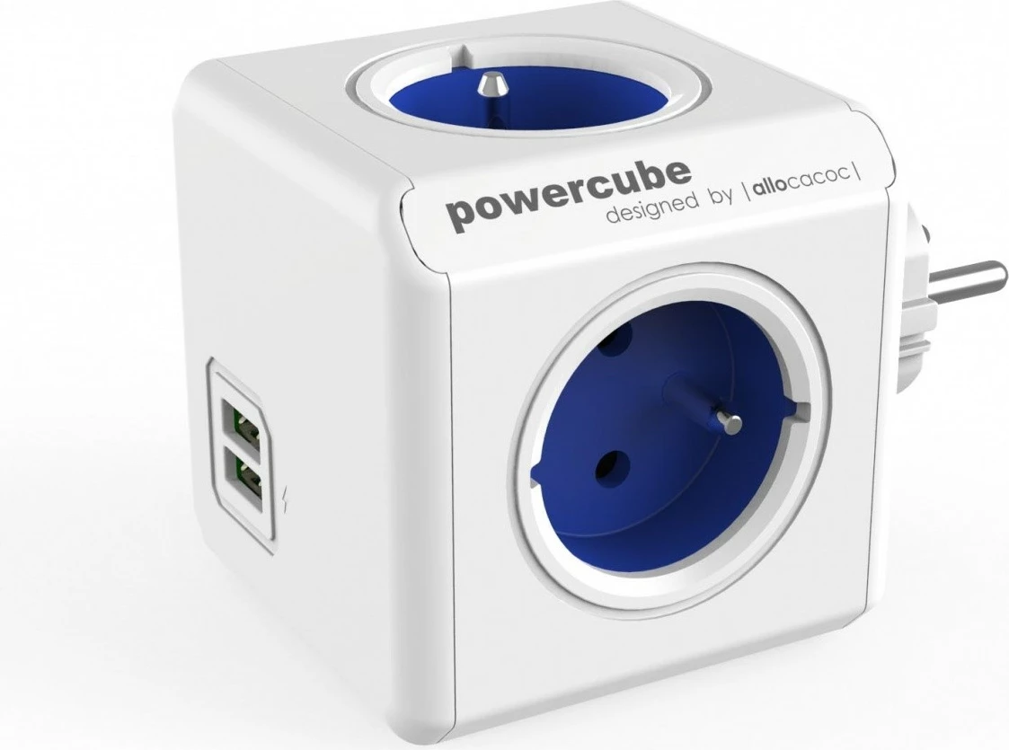 Shpërndarës elektrik Allocacoc PowerCube USB 2202BL, 4 dalje, 2 porta USB, Blu/Bardhë