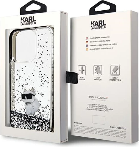 Mbështjellës Karl Lagerfeld Liquid Glitter Choupette për iPhone 14 Pro, transparent, argjendtë