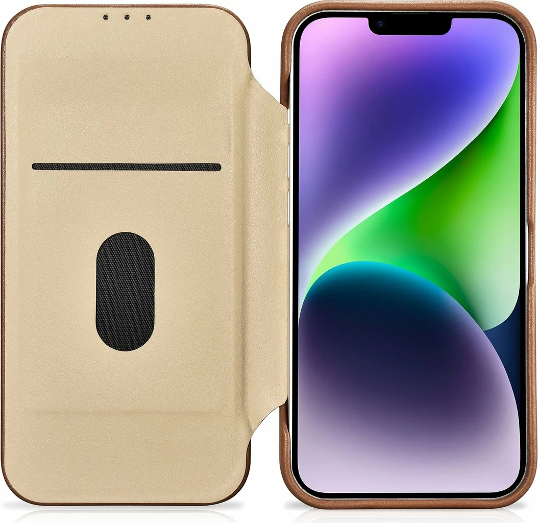 Mbështjellës lëkure iCarer CE Premium Folio për iPhone 14, MagSafe, kafe