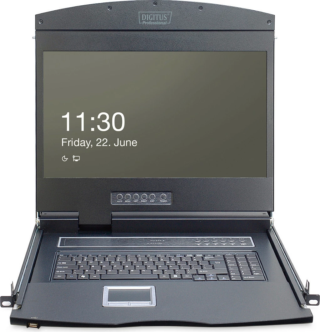 Konsolë KVM LCD Digitus 19", 16-Port Cat5, 1366x768, tastierë gjermane, 1U, e zezë