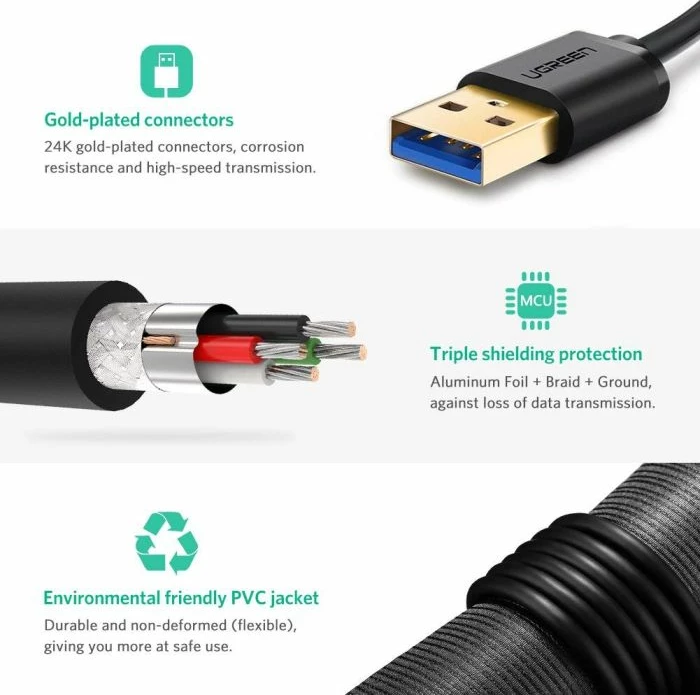 Kabllo USB 3.0 UGREEN 10369 USB-A mashkull në USB-A mashkull, 0.5 m, e zezë, 1 copë (Polybag)