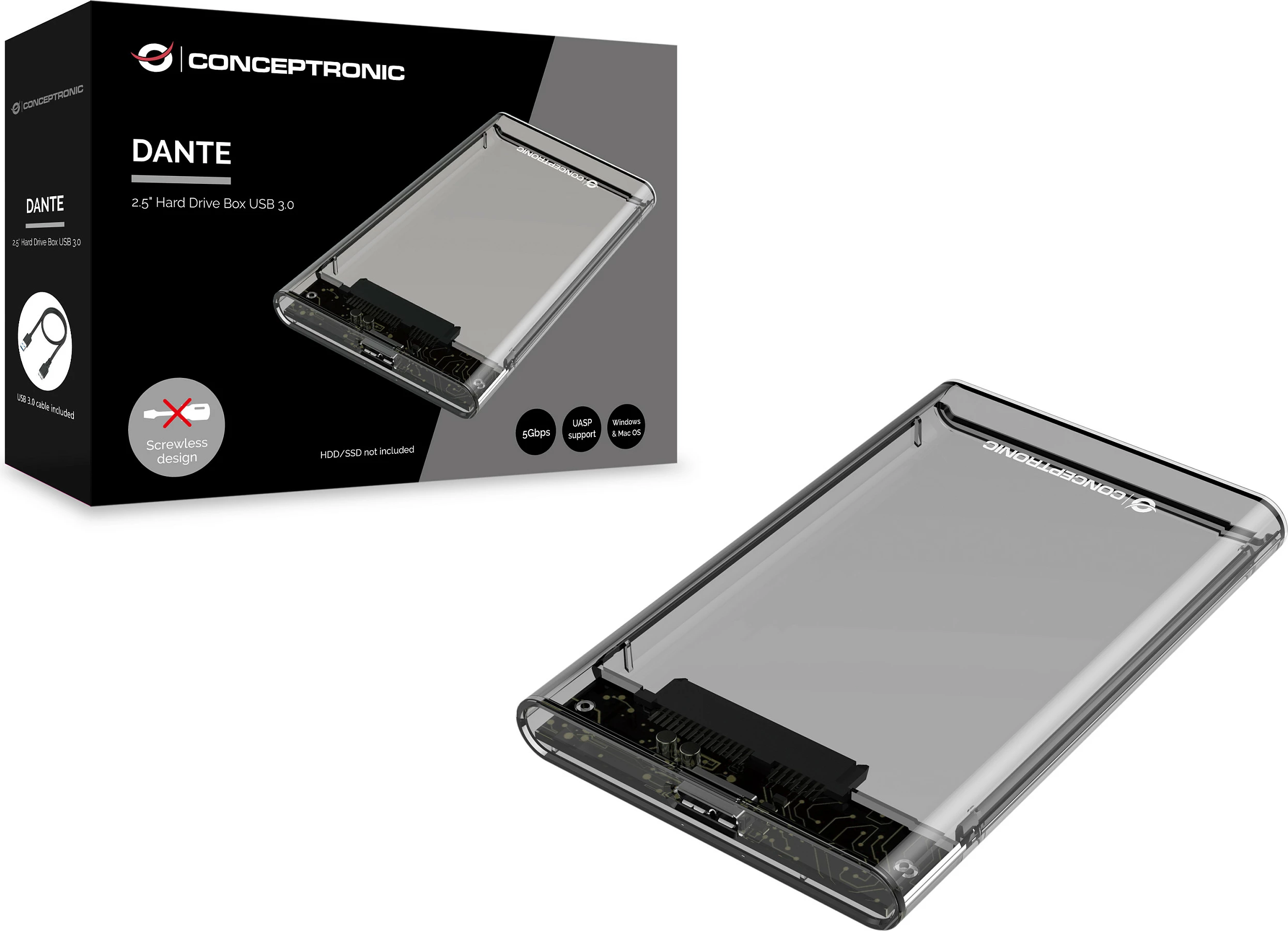 Kasë eksternale Conceptronic për HDD/SSD 2.5" SATA, USB 3.2 Gen 1 5Gbps, transparente