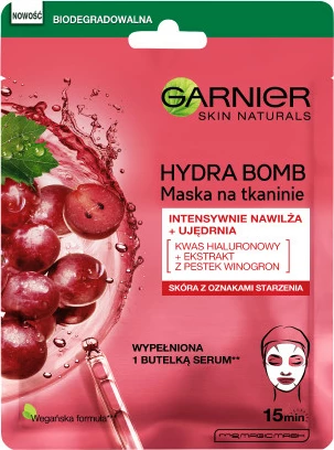 Maskë pëlhure për fytyrë Garnier Hydra Firming me ekstrakt të farës së rrushit dhe acid hialuronik për femra, 28g